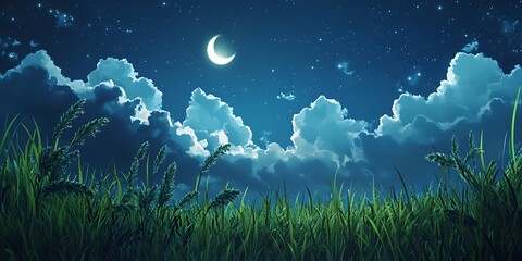 Naklejka premium Nighttime Grassland Scene Under Crescent Moon And Stars