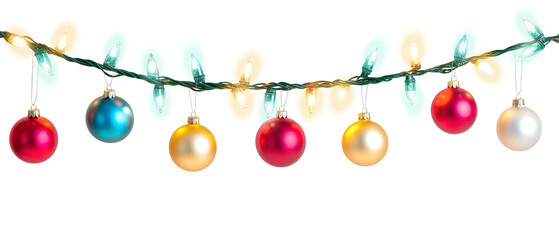 Festive christmas baubles suspended against with Decorative lights on isolated against transparent background.	