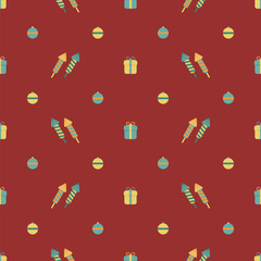 holiday gifts, petards, new year balls. vector seamless pattern. festive repetitive background. yellow, blue maroon fabric swatch. wrapping paper. flat design template for greeting card, textile