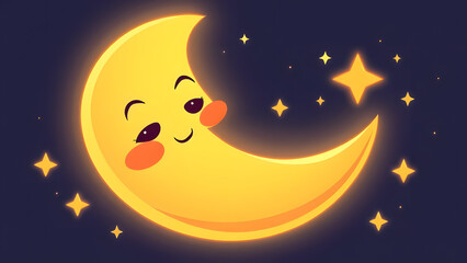 Naklejka premium crescent moon with exaggerated curves and sparkling stars in a cartoon animation style