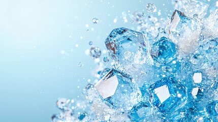 Sparkling ice cubes splashing in water.