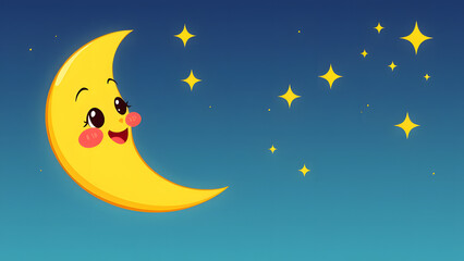 crescent moon with exaggerated curves and sparkling stars in a cartoon animation style