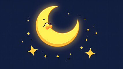 crescent moon with exaggerated curves and sparkling stars in a cartoon animation style