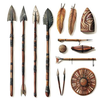 Collection of Hand-Drawn Native American Tribal Weapons, Tools, and Ceremonial Objects.