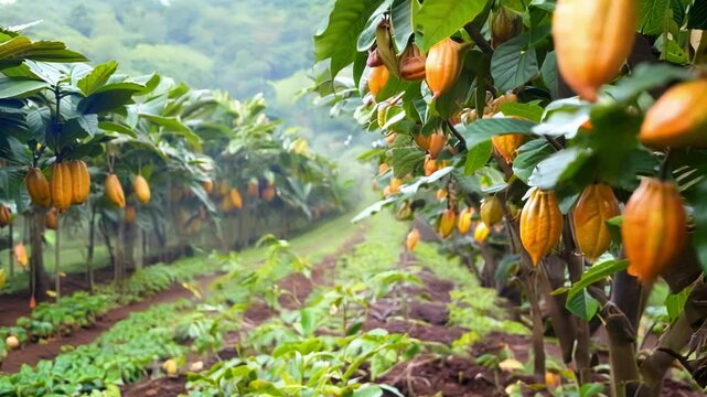 Vibrant image of ripe cocoa pods growing on a tree in an agricultural plantation, showcasing nature's beauty and sustainable farming. Serene tropical landscape with copy space