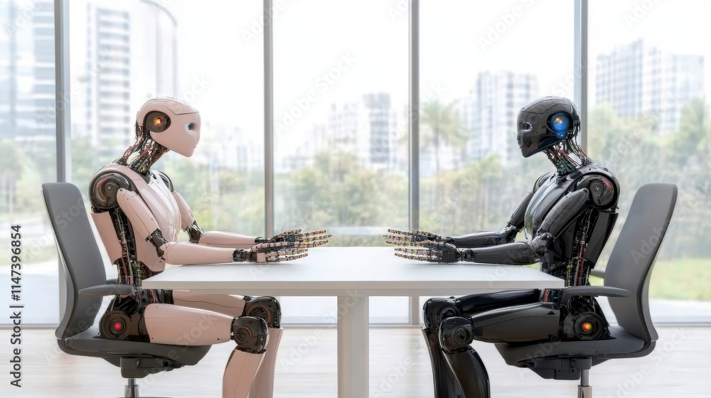 Poster two humanoid robots face each other at a table, engaged in a game of chess, set against a backdrop o