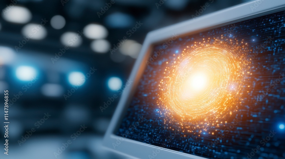 Poster a vibrant digital representation of a galaxy displayed on a computer monitor, surrounded by a futuri