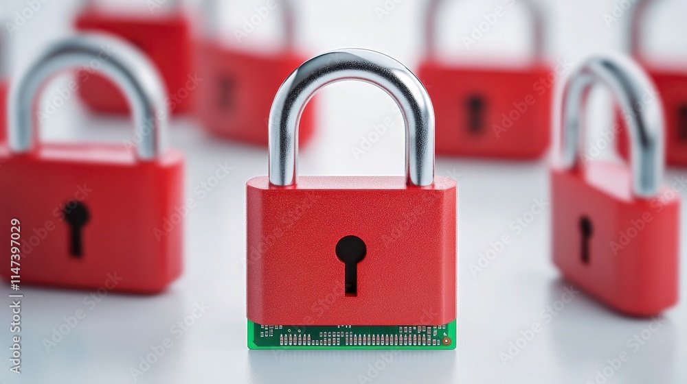 Poster a close-up of several red padlocks, emphasizing security and protection, with one padlock prominentl