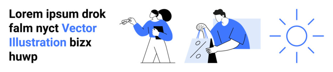 Two characters holding shopping bags and clipboard engaging in a discussion with the sun icon. Ideal for online shopping, e-commerce platforms, delivery services, retail marketing, teamwork, business