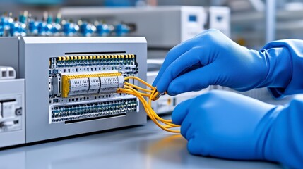 A technician wearing blue gloves connects wires to a circuit board in a laboratory setting, showcasing an intricate electrical assembly process.