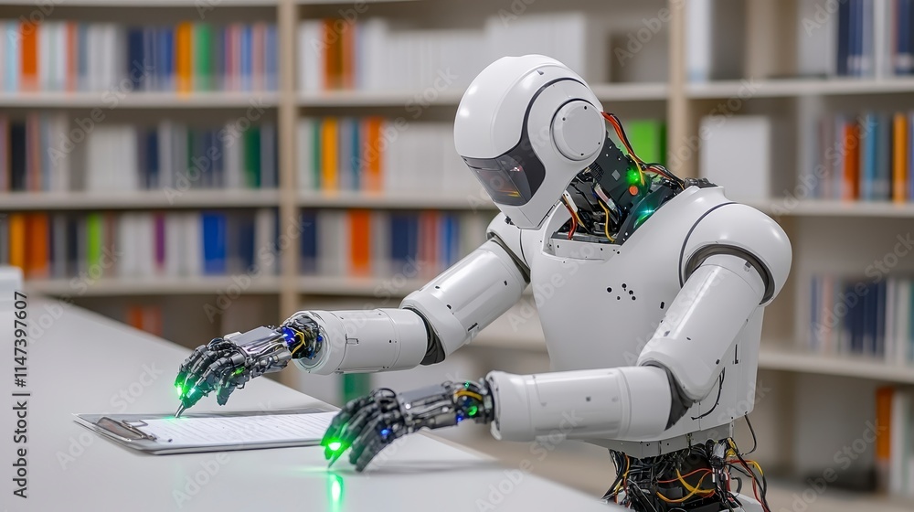 Poster a humanoid robot interacts with a tablet in a library setting, surrounded by colorful shelves filled