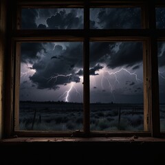An aged and rustic window frame stands against an ominous cloudy night sky, capturing the foretelling mood with a striking lightning bolt, shadows, and atmospheric ... See More Generative AI.

