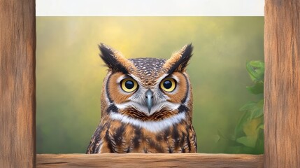 A majestic owl stares directly at the viewer, framed by natural elements, showcasing its striking features and captivating gaze.