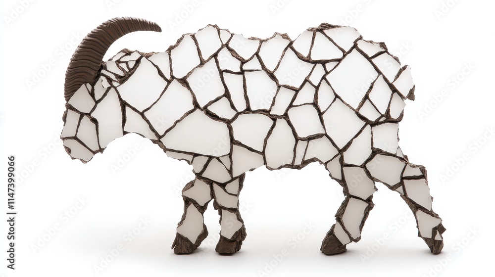 Poster a stylized sculpture of a goat, creatively designed with a mosaic of white and brown shapes, emphasi
