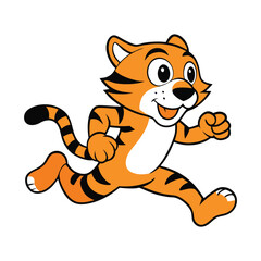 A playful tiger mascot logo featuring a cute, energetic tiger running with a joyful expression, vibrant orange and black stripes, and a dynamic, fun design perfect for branding.