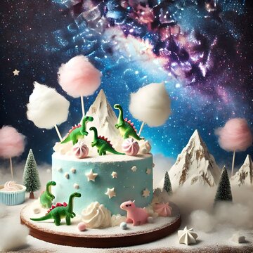 tingnowy mountain, milky waa whimsical birthday cake, with cute dinosaur cotton candy on top, in a miniature sy background, cinematic ligh (4)_Nero AI_Photo