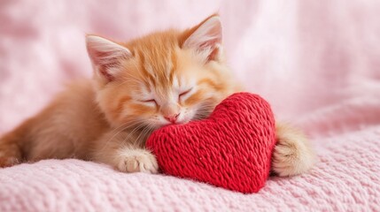 Adorable Ginger Kitten Sleeping with Red Heart on Soft Blanket