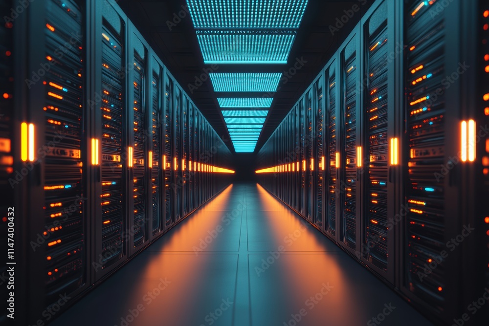 Poster futuristic data center with illuminated server racks and panels