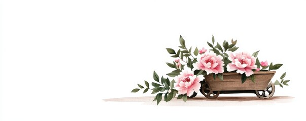 Fototapeta premium Pink Peonies in a Wooden Wheelbarrow, Watercolor Floral Arrangement