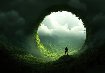 Man Stands at the Edge of a Lush, Green Valley, Gazing Through a Mysterious Cave Opening