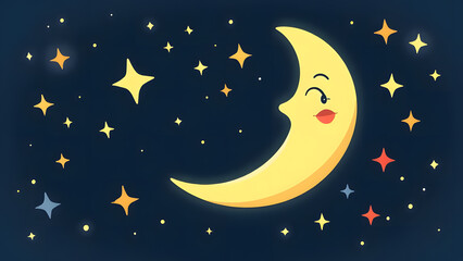 Crescent moon and twinkling stars in flat style, featuring clean lines and simple shapes