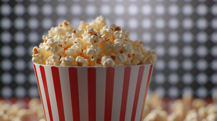 Freshly popped popcorn served in a striped bucket against a colorful backdrop. 