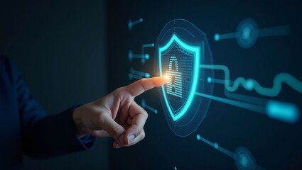 hand with one finger pointing touching a cyber security and data protection virtual shield on the internet. Cybersecurity technology 