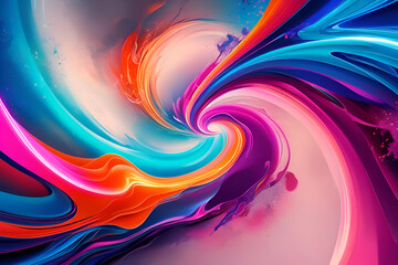 The image shows a swirling vortex of vibrant colors, primarily blue, orange, and pink. The colors blend and intertwine, creating a dynamic and abstract pattern.
