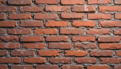 Obraz premium Brick wall with red-brown bricks laid in a traditional staggered pattern with grey mortar.Strength. Durability. Traditional craftsmanship.Building design, architectural background, real estate adverti