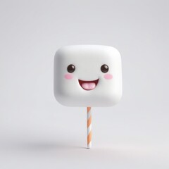 Fototapeta premium A cute marshmallow on a striped stick, designed with a smiling cartoon face, rosy cheeks, and bright eyes, blending sweetness with playful creativity. Generative, AI, 