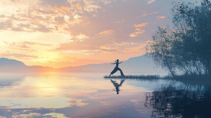 Obraz premium A calming illustration of a person practicing tai chi by a serene lake at sunset. The soft colors of the sky reflect on the water, creating a peaceful backdrop. The figures graceful movements embody