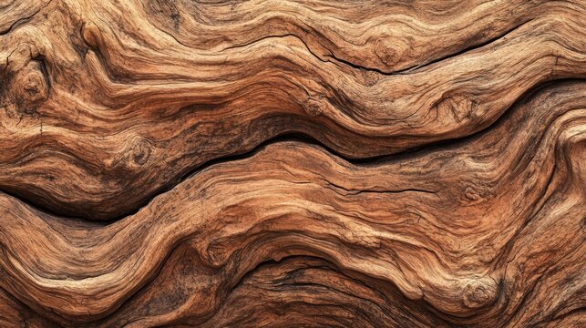Close-up of swirling, textured wood grain with deep brown and light brown tones.