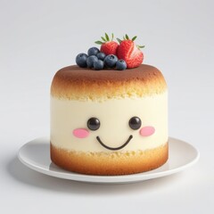 A round, pound cake with a smiling cartoon face, rosy cheeks, and chocolate eyes, topped with fresh strawberries and blueberries, served on a white plate. Generative, AI,  
