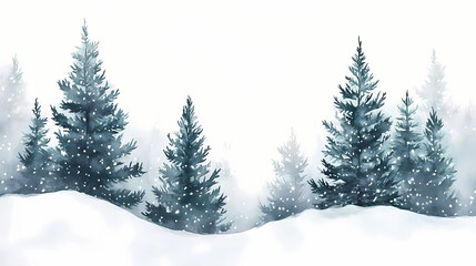Snowy watercolor landscape with pine trees and soft snowfall in a serene winter setting. Brumal. Illustration