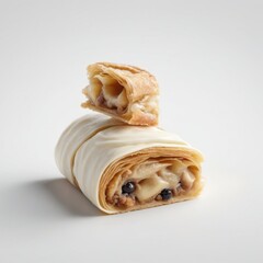 A delicious strudel with flaky golden layers, filled with apples, blueberries, and creamy filling, topped with a glossy white icing, with one slice cut open. Generative, AI,