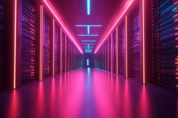 Fototapeta premium Futuristic Data Center Hallway with Neon Lights and Reflective Floor