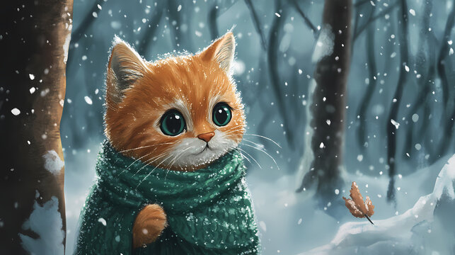 Un adorable gatito con gorro y bufanda verdes disfruta de un paseo invernal en un bosque nevado. Brumal. Illustration