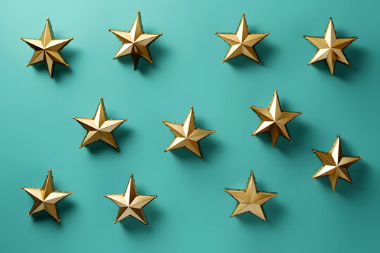 Classic Blue Kaleidoscope Golden Star Pattern on Teal Background for Home Decor, Branding, Packaging, Textile Design, Digital Art, Ads, Social Media, Stationery