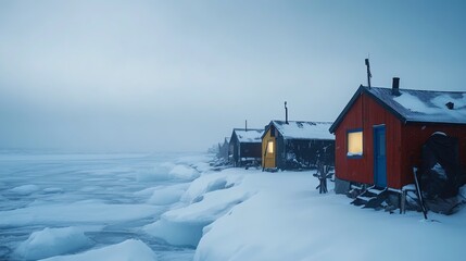 Cozy cabins along a snowy, frozen lake at dawn, offering a serene and picturesque winter view.