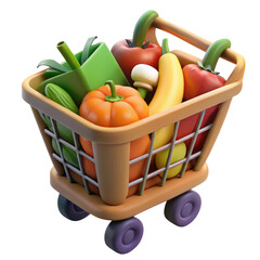 shopping cart full of vegetables plastic 3d icon in cartoon plastic style minimal isolated on transparent white background, clipping path