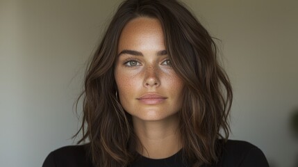 Fototapeta premium Close-up portrait of a young woman with shoulder-length wavy brown hair and subtle makeup.