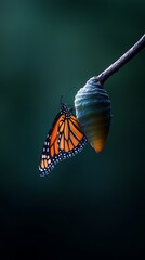 A vibrant orange monarch butterfly rests elegantly beside its chrysalis on a twig, showcasing nature's beauty.