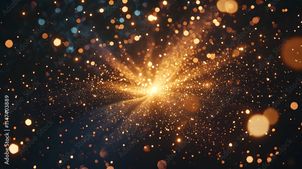 Poster dynamic burst of golden particles digital space abstract art cosmic environment close-up view light 