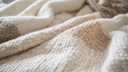 Close-up of soft, textured knit blanket in cream and beige tones.