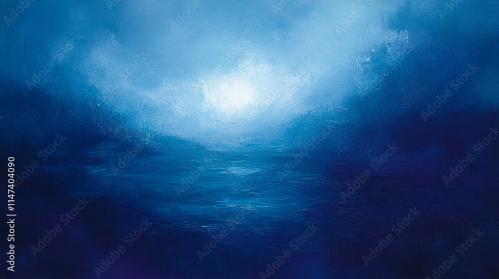 Poster calm ocean at dusk with soft light breaking through clouds.