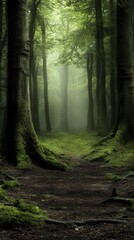 Obraz premium A serene forest scene with tall, green trees and misty light creating a tranquil atmosphere.
