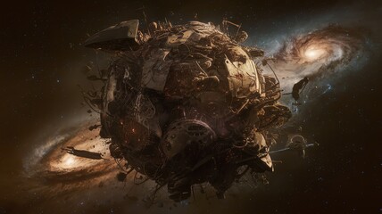 Futuristic planet with scattered debris, surrounded by galaxies in deep space.