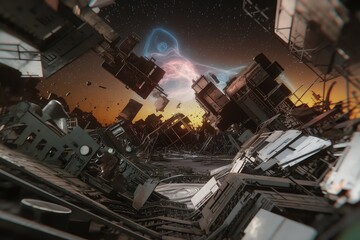 Naklejka premium Futuristic cityscape with digital elements at sunset, showcasing advanced technology.