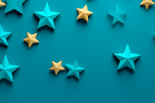 Classic Blue Kaleidoscope Blue and Golden Star Pattern on Teal Background for Home Decor, Branding, Packaging, Textile Design, Digital Art, Ads, Social Media, Stationery