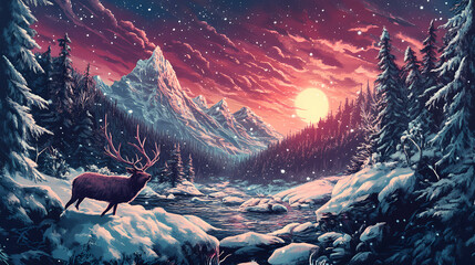 Illustrative background for winter hibernal solstice highlighting serene winter landscapes and elements. Brumal. Illustration